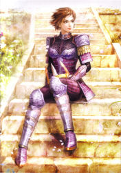 Rule 34 | 1girl, armor, brown eyes, brown hair, chainmail, cherry blossoms, gauntlets, greaves, highres, lips, official art, petals, scan, sengoku musou, sengoku musou 2, short hair, sitting, sitting on stairs, solo, stairs, tachibana ginchiyo, wind