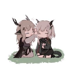 Rule 34 | +++, 2girls, :d, alina (arknights), animal ears, antlers, arknights, ascot, black ascot, black coat, black footwear, black skirt, boots, chibi, closed eyes, coat, deer ears, dragon horns, dragon tail, flower, grass, grey hair, hair flower, hair ornament, horns, long sleeves, military, military coat, military uniform, multiple girls, no nose, open mouth, sitting, skirt, smile, tail, talulah (arknights), talulah the fighter (arknights), uniform, white background, zhu mianzi