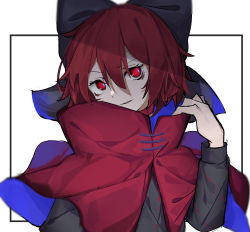 Rule 34 | 1girl, black shirt, bow, bright pupils, cape, eye focus, hair between eyes, hair bow, hand up, high collar, highres, hisha (kan moko), long sleeves, looking to the side, outside border, parted lips, red cape, red eyes, red hair, sekibanki, shade, shirt, short hair, simple background, solo, touhou, upper body, white pupils
