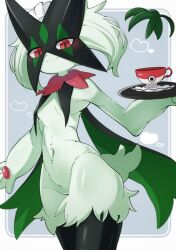 Rule 34 | 1girl, black thighhighs, body fur, breasts, creatures (company), cup, furry, furry female, game freak, green fur, green hair, grey background, holding, holding tray, looking at viewer, maid headdress, meowscarada, nata de coco (pankptomato), navel, nintendo, open mouth, pokemon, pokemon (creature), red eyes, small breasts, smile, solo, thighhighs, tray