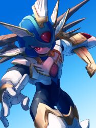 Rule 34 | 1boy, android, arm cannon, armor, black bodysuit, blue background, blue headwear, bodysuit, closed mouth, copy x (mega man), forehead jewel, helmet, highres, looking at viewer, mega man (series), mega man zero (series), omochi (mochi skymega), red eyes, simple background, solo, weapon, wings