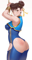 Rule 34 | 1girl, ass, ass cutout, bare arms, bare shoulders, bdsm, blue unitard, bondage, bound, bound wrists, breasts, brown eyes, brown hair, capcom, cheshirrr, chun-li, clenched teeth, clothing cutout, commentary, cropped jacket, double bun, earrings, from side, gold trim, hair bun, handprint, hands up, highres, jewelry, large breasts, medium breasts, mole, mole under eye, parted lips, restrained, rope, shiny skin, simple background, skin tight, slap mark, sleeveless, sleeveless jacket, solo, spanked, spanking, street fighter, street fighter zero (series), teeth, thighs, torn clothes, unitard, white background