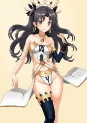 1girl, armlet, asymmetrical legwear, asymmetrical sleeves, bangs, bare arms, bare legs, bare shoulders, black detached sleeves, black hair, black ribbon, blush, breasts, c:, choker, closed mouth, clothing cutout, contrapposto, crown, detached sleeves, earrings, fate/grand order, fate (series), female focus, floating hair, gem, groin, hair ribbon, hand up, highres, hoop earrings, ishtar (fate) (all), ishtar (fate), jewelry, legs, long hair, looking at viewer, lots of jewelry, medium breasts, midriff, naughty face, navel, navel cutout, neck, neck ring, parted bangs, red eyes, revealing clothes, ribbon, shinno, simple background, single detached sleeve, single sleeve, single thighhigh, smile, solo, standing, strapless, tan background, thighhighs, thighlet, tohsaka rin, two side up, type-moon, waist cape, white clothes