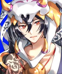 Rule 34 | 1boy, bare shoulders, black hair, character request, collarbone, horns, jewelry, looking at viewer, male focus, medallion, necklace, onmyoji, open mouth, red eyes, solo, tattoo, tiyi (tiyi a09)
