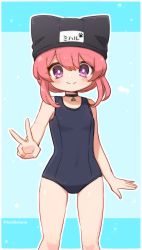 Rule 34 | 1girl, animal hat, bare arms, bare legs, blush, cat hat, choker, hair up, hat, looking at viewer, miharu (youkai watch), name tag, pink hair, purple eyes, school swimsuit, smile, solo, swimsuit, tabana, twitter username, v, youkai watch, youkai watch jam: youkai gakuen y