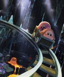 Rule 34 | cart, cave, crab, dark, fire, happy, highres, kirby, kirby (series), kirby 64, light, light rays, minecart, lava, monster, nintendo, open mouth, railroad tracks, signature, suyasuyabi, tongue, waddle dee, water, waterfall