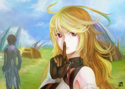 Rule 34 | absurdres, bare shoulders, black hair, blonde hair, club3, face, finger to mouth, fingerless gloves, from behind, gloves, highres, jude mathis, long hair, milla maxwell, multicolored hair, red eyes, tales of (series), tales of xillia