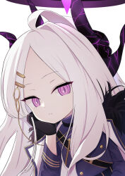 Rule 34 | 1girl, absurdres, ahoge, belt, blue archive, closed mouth, coat, coat on shoulders, demon horns, forehead, hair ornament, halo, hands on own face, highres, hina (blue archive), horns, looking at viewer, military, military uniform, negi 0712, purple eyes, uniform, white background, white hair