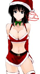 Rule 34 | 00s, 1girl, areola slip, black eyes, black hair, blush, breasts, christmas, cleavage, collarbone, cosaten, elbow gloves, english text, engrish text, gloves, hat, long hair, miniskirt, navel, neck ribbon, ranguage, red gloves, red thighhighs, ribbon, santa hat, school rumble, skirt, solo, speech bubble, suou mikoto (school rumble), sweatdrop, thighhighs