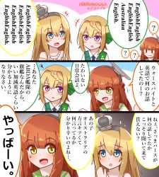 Rule 34 | 3girls, ?, blonde hair, blue eyes, blush stickers, braid, comic, commentary request, crown, dated, de ruyter (kancolle), kantai collection, mini crown, mitchell (dynxcb25), multiple girls, open mouth, orange hair, perth (kancolle), purple eyes, smile, spoken question mark, tilted headwear, translation request, twitter username, warspite (kancolle), yellow eyes