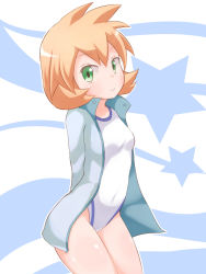 Rule 34 | 00s, 1girl, a-ktoo, arms behind back, blush, breasts, creatures (company), game freak, green eyes, gym leader, highres, jacket, looking at viewer, misty (pokemon), nintendo, one-piece swimsuit, orange hair, pokemon, pokemon hgss, short hair, small breasts, smile, solo, swimsuit, thighs, track jacket