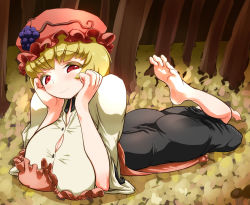 Rule 34 | 1girl, aki minoriko, autumn, barefoot, blonde hair, breasts, feet, female focus, forest, hat, highres, histamine c, huge breasts, long skirt, lying, nature, on stomach, outdoors, red eyes, short hair, skirt, soles, solo, toes, touhou