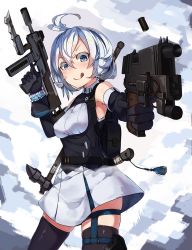 Rule 34 | .live, 1girl, :q, antenna hair, backpack, bag, bayonet, belt, black gloves, blue eyes, breasts, casing ejection, contrapposto, cowboy shot, dress, dual wielding, elbow gloves, finger on trigger, framed breasts, gloves, gun, hair between eyes, handgun, highres, holding, holding gun, holding weapon, holster, looking at viewer, medium breasts, natori youkai, outstretched arm, pistol, shell casing, short hair, silver hair, dennou shoujo siro, sleeveless, sleeveless dress, smile, solo, standing, submachine gun, thigh holster, thighhighs, tongue, tongue out, trigger discipline, underbust, v-shaped eyebrows, virtual youtuber, weapon, weapon on back, weapon request, zettai ryouiki