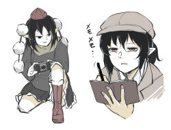 Rule 34 | 1girl, black eyes, black hair, black skirt, boots, brown headwear, brown jacket, cabbie hat, commentary request, flat cap, frilled skirt, frills, hat, highres, holding, holding notepad, holding pen, jacket, kneeling, multiple views, notepad, parted lips, pen, peroponesosu., pointy ears, pom pom (clothes), red eyes, red footwear, red headwear, shameimaru aya, shameimaru aya (newsboy), shirt, simple background, skirt, touhou, translation request, white background, white shirt