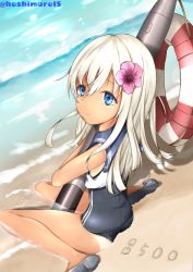 Rule 34 | 10s, 1girl, bare legs, beach, blue eyes, character name, day, flower, hair flower, hair ornament, highres, kantai collection, lifebuoy, long hair, ro-500 (kancolle), sailor collar, school swimsuit, silver hair, smile, solo, swim ring, swimsuit, swimsuit under clothes, takumin (takumi415), tan, tanline, torpedo, twitter username