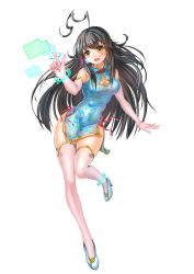 Rule 34 | 1girl, :d, ahoge, anklet, bad id, bad pixiv id, black hair, blue skirt, blush, bracelet, breasts, china dress, chinese clothes, cleavage, cleavage cutout, clothing cutout, dress, elbow gloves, floral print, full body, gd. fengzi, gloves, high heels, highres, holographic interface, jewelry, leg up, long hair, medium breasts, open mouth, original, pink gloves, pink thighhighs, qipao dress, shoes, side slit, simple background, skirt, smile, solo, standing, standing on one leg, thigh gap, thighhighs, very long hair, white background, yellow eyes