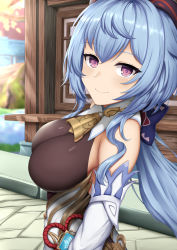 Rule 34 | 1girl, absurdres, bare shoulders, barettoarts, bell, black leotard, blue hair, blurry, blurry background, blush, breasts, closed mouth, cowbell, detached sleeves, flower knot, ganyu (genshin impact), genshin impact, hair between eyes, highres, horns, large breasts, leotard, leotard under clothes, long hair, long sleeves, looking at viewer, low ponytail, neck bell, purple eyes, red ribbon, ribbon, sidelocks, smile, solo, tassel, tile floor, tiles