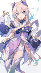 Rule 34 | 1girl, bare shoulders, bow, collarbone, cowboy shot, detached collar, detached sleeves, frilled sleeves, frills, genshin impact, gloves, hair bow, hand up, highres, long hair, looking at viewer, messy hair, midriff peek, open mouth, purple eyes, sangonomiya kokomi, sidelocks, smile, solo, thighhighs, thighs, u tnmn, white background, white gloves