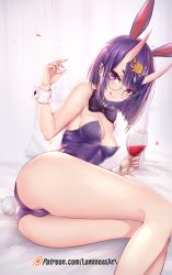 Rule 34 | 1girl, :q, alcohol, animal ears, ass, bare legs, bare shoulders, black-framed eyewear, blush, bow, bowtie, breasts, cleavage, closed mouth, cup, drinking glass, fake animal ears, fate/grand order, fate (series), glasses, hair ornament, hand up, highres, holding, horns, kemonomimi mode, leotard, looking at viewer, luminous, medium breasts, patreon username, playboy bunny, pointy ears, purple eyes, purple hair, purple leotard, rabbit ears, rabbit tail, round eyewear, short hair, shuten douji (fate), sidelocks, sitting, skin-covered horns, smile, solo, tail, thick eyebrows, thighs, tongue, tongue out, watermark, wine, wine glass, wrist cuffs