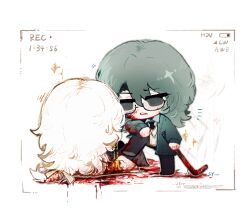 2boys bai_ling_(touqi_guaitan) battery_indicator black_eyes black_necktie black_pants blood blood_in_hair blood_on_clothes blood_on_face bow cardigan chibi chibi_only chinese_commentary coat collared_shirt commentary_request glasses green_cardigan green_hair green_shirt hair_between_eyes hair_bow holding holding_weapon jewelry lead_pipe liu_qingcheng long_hair long_sleeves male_focus mole mole_under_eye multiple_boys necklace necktie open_cardigan open_clothes open_coat pants recording rectangular_eyewear semi-rimless_eyewear shirt soyuii stepped_on striped_bow sweater touqi_guaitan variant_set weapon white_background white_bow white_coat white_hair white_sweater