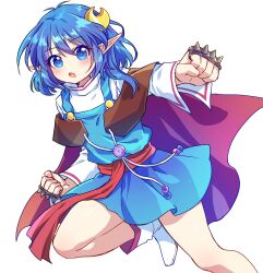 Rule 34 | 1girl, ahoge, aqua eyes, blue eyes, blue hair, blue skirt, boots, cape, commentary, crescent, crescent hair ornament, hair ornament, highres, kaoling, light blush, looking at viewer, medium hair, open mouth, pointy ears, red cape, rena lanford, simple background, skirt, solo, spiked knuckles, standing, star ocean, star ocean ex, star ocean the second story, weapon, white background