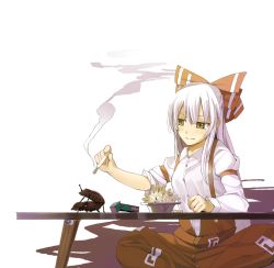 Rule 34 | 1girl, bad id, bad pixiv id, beetle, bow, bug, cigarette, fujiwara no mokou, hair bow, hidebo, insect, long hair, mating (animal), red eyes, sex, silver hair, solo, suspenders, text focus, touhou, transparent background