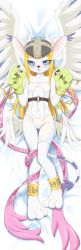 Rule 34 | 1girl, :3, absurdres, angewomon, angewomon (cosplay), animal ears, animal feet, animal hands, animal nose, anklet, bare shoulders, barefoot, bed sheet, belt, blonde hair, blue eyes, blush, body fur, breasts, cat ears, cat girl, cat tail, claws, clothes writing, clothing cutout, collarbone, cosplay, dakimakura (medium), digimon, digimon (creature), fangs, feathered wings, female focus, from above, full body, furry, furry female, gloves, gluteal fold, gold, green gloves, hands up, happy, heart, heart-shaped pupils, helmet, highres, jewelry, keven (ewdx3754), knees together feet apart, leotard, long hair, looking at viewer, low wings, lying, mask, mask on head, multiple wings, navel, on back, open mouth, paw gloves, personification, pigeon-toed, pink ribbon, ribbon, runes, sidelocks, skindentation, small breasts, smile, solo, stomach, stomach cutout, striped tail, symbol-shaped pupils, tail, tailmon, thigh gap, whiskers, white background, white fur, white leotard, white wings, wings