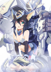 Rule 34 | 1girl, absurdres, arm support, bare shoulders, bent over, black hair, blue eyes, breasts, cable, collarbone, detached collar, elbow gloves, eyebrows, gloves, headgear, helmet, highres, leaning forward, looking at viewer, making-of available, mecha, navel, one eye closed, open mouth, original, robot, short hair, skirt, small breasts, solo, steam, sweat, zelitto