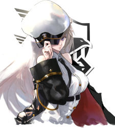 Rule 34 | 1girl, azur lane, bare shoulders, black coat, black necktie, breasts, coat, enterprise (azur lane), grey hair, hand up, hat over one eye, kdm (ke dama), large breasts, long hair, long sleeves, looking at viewer, necktie, one eye covered, open clothes, open coat, parted lips, purple eyes, shirt, solo, upper body, white shirt