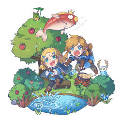 Rule 34 | 1boy, 1girl, apple, apple tree, artist name, black pants, blonde hair, blue cloak, blue eyes, blue flower, blue nightshade, blue shirt, blue tunic, blupee, blush, boots, braid, brown footwear, brown gloves, bush, campfire, chibi, cloak, cooking pot, creature, creatures (company), crown braid, earrings, fingerless gloves, fire, fish, fishing, fishing rod, flower, food, fruit, game freak, gen 1 pokemon, gloves, grass, green pants, hair ornament, hairclip, holding, holding fishing rod, hood, hood down, hooded cloak, jewelry, korok, lily pad, link, log, magikarp, medium hair, nintendo, open mouth, pants, parted bangs, plant, pointy ears, pokemon, pokemon (creature), pond, ponytail, princess zelda, red flower, rock, shirt, sidelocks, signature, silent princess, simple background, soup, spilling, sweatdrop, teeth, the legend of zelda, the legend of zelda: breath of the wild, the legend of zelda: tears of the kingdom, tree, tunic, upper teeth only, v-shaped eyebrows, water, white background, zoe (killyou80)