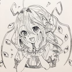 Rule 34 | 1girl, alternate hairstyle, ascot, bad id, bad twitter id, bow, drill hair, fang, flandre scarlet, gotou (nekocat), greyscale, hair between eyes, hair bow, hands on own cheeks, hands on own face, highres, long hair, looking at viewer, monochrome, nail polish, open mouth, pointy ears, simple background, solo, touhou, traditional media, upper body, wings, wrist cuffs