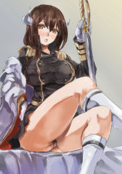 Rule 34 | 1girl, azur lane, bad id, bad pixiv id, black jacket, black skirt, blush, bottomless, breasts, brown hair, buttons, censored, coat, crossed legs, double-breasted, epaulettes, eyelashes, female pubic hair, gloves, grey background, hair between eyes, highres, horn ornament, horns, jacket, kneehighs, large breasts, lips, long sleeves, looking at viewer, medium hair, mikasa (azur lane), military, military uniform, miniskirt, mosaic censoring, nipple cutout, nipples, no panties, off shoulder, open mouth, orange eyes, pubic hair, pussy, saber (weapon), simple background, sitting, skirt, skirt set, socks, solo, sword, thick thighs, thighs, uniform, weapon, white coat, white gloves, white socks, yohane