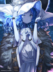 Rule 34 | 1girl, blue eyes, blue hair, cloak, cracked skin, cropped, cropped head, cropped legs, elden ring, extra arms, fur cloak, grey cloak, hat, holding, holding clothes, holding hat, hong (white spider), jewelry, long hair, looking at viewer, moon, night, night sky, one eye closed, own hands together, ranni the witch, ring, robe, scar, scar on face, sky, spirit, star (sky), starry sky, wavy hair, white hat, white robe, wide sleeves, witch hat