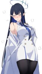 Rule 34 | 1girl, black hair, black pantyhose, blue archive, blue hair, blue necktie, blush, breasts, closed eyes, coat, colored inner hair, dress, halo, highres, large breasts, long hair, momomatang, multicolored hair, necktie, pantyhose, pointy ears, rin (blue archive), simple background, single bare shoulder, sleeveless, sleeveless dress, solo, straight hair, sweatdrop, two-tone hair, undressing, very long hair, white background, white coat, white dress