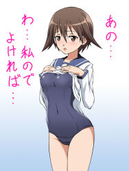 Rule 34 | 1girl, april fools, breast padding, brown eyes, brown hair, clothes lift, dress, hands on own chest, hiro yoshinaka, miyafuji yoshika, old school swimsuit, open mouth, sailor dress, school swimsuit, shirt lift, short hair, solo, strike witches, swimsuit, swimsuit under clothes, translation request, world witches series