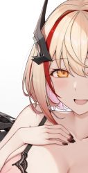 Rule 34 | 1girl, azur lane, blonde hair, blush, bra, breasts, cleavage, commentary request, fingernails, hair between eyes, hand on own chest, headgear, large breasts, long fingernails, looking at viewer, multicolored hair, nail polish, open mouth, red hair, roon (azur lane), short hair, smile, solo, streaked hair, terras, underwear, yellow eyes