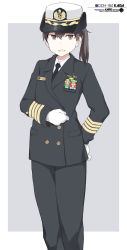 Rule 34 | 1girl, alternate costume, bad id, bad twitter id, black necktie, brown eyes, brown hair, buttons, character name, epaulettes, feet out of frame, female service cap, gloves, hair between eyes, hat, highres, kaga (jmsdf), kaga (kancolle), kantai collection, long sleeves, military, military uniform, naval uniform, necktie, open mouth, peaked cap, ribbon bar, shigino sohuzi, short hair, short sleeves, side ponytail, smile, solo, uniform, white gloves