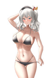 Rule 34 | 1girl, absurdres, alternate costume, arm behind head, arm up, beret, bikini, black bikini, black hat, blue eyes, breasts, grey hair, hat, highres, kantai collection, kashima (kancolle), large breasts, long hair, looking at viewer, multi-strapped bikini bottom, navel, shushan, sidelocks, simple background, smile, solo, swimsuit, twintails, wavy hair, white background