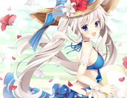 Rule 34 | 1girl, :d, ball, beachball, bikini, blue bikini, blue bow, blue eyes, blush, bow, breasts, brown hat, commentary request, fate/grand order, fate (series), flower, hat, hat bow, hat flower, holding, holding ball, jewelry, long hair, looking at viewer, looking to the side, maccha, marie antoinette (fate), marie antoinette (fate/grand order), marie antoinette (swimsuit caster) (fate), marie antoinette (swimsuit caster) (third ascension) (fate), medium breasts, open mouth, pendant, petals, red flower, silver hair, smile, solo, striped, striped bow, swimsuit, twintails, very long hair, white flower