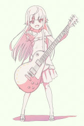 Rule 34 | 1girl, bare shoulders, commentary, dress, electric guitar, full body, gibson, gibson les paul, guitar, highres, holding, holding instrument, instrument, long hair, makaino ririmu, makaino ririmu (3rd costume), monochrome, nijisanji, open mouth, outstretched arm, plectrum, pointy ears, sabamen, sandals, shadow, sidelocks, simple background, sketch, sleeveless, sleeveless dress, smile, solo, strap slip, unfinished, virtual youtuber