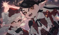 Rule 34 | 2girls, animal ears, antlers, black gloves, black hair, black ribbon, brown eyes, callie (splatoon), capelet, christmas, christmas tree, closed mouth, commentary, cousins, cross-shaped pupils, cursive, deer ears, dress, dutch angle, earrings, english text, fake animal ears, fangs, fur-trimmed capelet, fur trim, gift, giving, gloves, grey hair, hat, highres, holding, holding gift, holding sack, horns, inkling, jewelry, long hair, long sleeves, looking at viewer, marie (splatoon), merry christmas, mole, mole under eye, multiple girls, neck ribbon, nintendo, open mouth, over shoulder, pointy ears, prat rat, red capelet, red dress, red headwear, reindeer antlers, ribbon, sack, santa dress, santa hat, short hair, smile, snowing, splatoon (series), star (symbol), star earrings, swept bangs, symbol-shaped pupils, tentacle hair