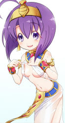 Rule 34 | 1girl, absurdres, ahoge, blush, breasts, earrings, egyptian clothes, fang, hair ornament, hairband, highres, jashin-chan dropkick, jewelry, medusa (jashin-chan dropkick), navel, open mouth, purple eyes, purple hair, sat-c, see-through, shiny skin, short hair, simple background, small breasts, solo, usekh collar, wet, wet clothes, white background