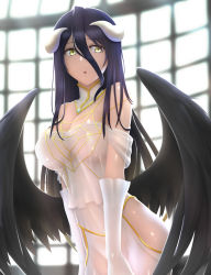 Rule 34 | 1girl, albedo (overlord), bare shoulders, black hair, black wings, blurry, blurry background, breasts, commentary request, curled horns, depth of field, dress, elbow gloves, feathered wings, gloves, hair between eyes, highres, horns, indoors, large breasts, long hair, looking at viewer, overlord (maruyama), parted lips, purple hair, see-through, siraha, solo, very long hair, white dress, white gloves, window, wings, yellow eyes