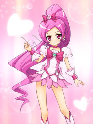 Rule 34 | 10s, 1girl, boots, bow, brooch, cure blossom, earrings, unworn eyewear, glasses, hair bow, hanasaki tsubomi, heart, heart brooch, heartcatch precure!, holding, holding removed eyewear, jewelry, knee boots, long hair, magical girl, masakichi (crossroad), pink background, pink eyes, pink hair, pink theme, ponytail, precure, round eyewear, solo, very long hair