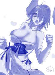 Rule 34 | 1girl, blue theme, breasts, cleavage, eyepatch, fang, hair over one eye, heart, highres, kantai collection, large breasts, looking at viewer, mizoredama1, open mouth, short hair, sketch, solo, tenryuu (kancolle)