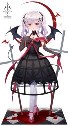 Rule 34 | 1girl, absurdres, amahara subaru, black dress, black gloves, black ribbon, blood, blush, checkered floor, crinoline, demon girl, demon tail, demon wings, dress, elbow gloves, english text, full body, gloves, hair ornament, hair ribbon, halter dress, halterneck, hand on own chest, hand up, high heels, highres, long hair, looking at viewer, original, pantyhose, parted lips, pool of blood, red eyes, red footwear, ribbon, silver hair, sleeveless, sleeveless dress, solo, standing, tail, white pantyhose, wings, x hair ornament