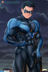 Rule 34 | 1boy, abs, bara, biceps, black bodysuit, black hair, blush, bodysuit, bulge, closed mouth, covered erect nipples, dc comics, domino mask, erection, erection under clothes, grelxb, highres, large pectorals, male focus, mask, muscular, night, night sky, nightwing, nipples, patreon username, pectorals, short hair, skin tight, sky, solo, star (sky), thick thighs, thighs, twitter username