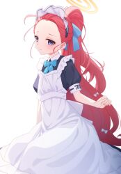 Rule 34 | 1girl, absurdly long hair, apron, arm at side, arm support, bangs pinned back, black shirt, blue archive, blue bow, blue bowtie, blue eyes, blue ribbon, bow, bowtie, flat chest, hair ribbon, hair slicked back, high ponytail, highres, long hair, maid, maid apron, maid headdress, messy hair, nishino eri, official alternate costume, oversized forearms, oversized limbs, puffy short sleeves, puffy sleeves, red hair, ribbon, shirt, short sleeves, solo, very long hair, white apron, yuzu (blue archive), yuzu (maid) (blue archive)