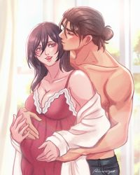 Rule 34 | 1boy, 1girl, bare shoulders, black hair, breasts, brown hair, cleavage, couple, cowboy shot, curtains, denim, eren yeager, closed eyes, facial scar, grey eyes, hair between eyes, hair bun, hand on another&#039;s stomach, hand on own stomach, hetero, highres, holding hands, indoors, jeans, jewelry, kissing hair, large breasts, lingerie, long hair, long sleeves, medium hair, mikasa ackerman, muscular, muscular male, negligee, nightgown, off shoulder, open mouth, pants, pregnant, red nightgown, ring, rivarizu, scar, scar on cheek, scar on face, shingeki no kyojin, smile, sweater, topless male, underwear, white sweater, window