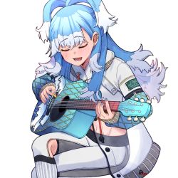 Rule 34 | 021 shiro, 1girl, absurdres, antenna hair, blue hair, blue nails, blush, crop top, earrings, closed eyes, guitar, highres, holding, holding instrument, holding plectrum, hololive, hololive indonesia, instrument, jewelry, kobo kanaeru, long hair, long sleeves, multicolored hair, nail polish, navel, open mouth, pants, plectrum, smile, solo, stud earrings, transparent background, virtual youtuber, white hair, white pants